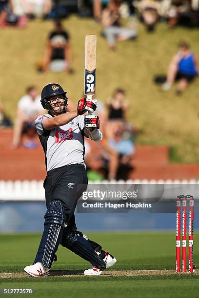 Jacob Duffy of South Island bats during the Island of Origin Twenty20 at Basin Reserve on February 28, 2016 in Wellington, New Zealand.