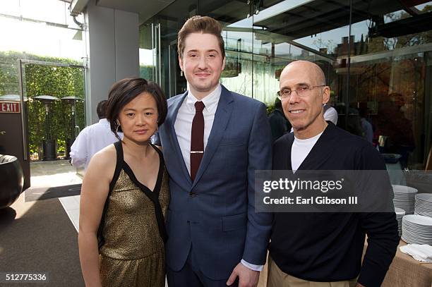 Rosa Tran, Duke Johnson and CEO Jeffrey Katzenberg attend the Annual Brunch Hosted By Dreaworks Animation at BOA Steakhouse on February 27, 2016 in...