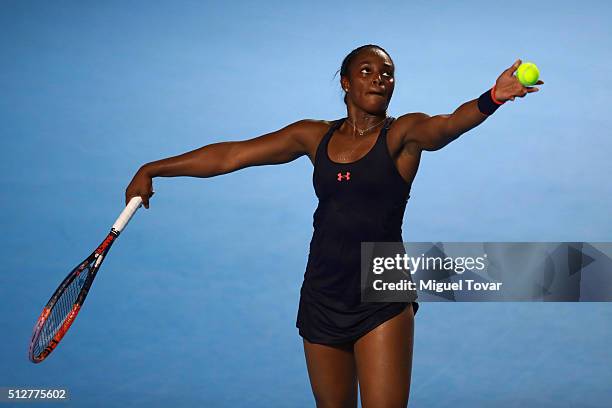 Sloane Stephens of USA serves during the woman's final singles match between Dominika Cibulkova of Slovakia and Sloane Stephens of USA as part of...