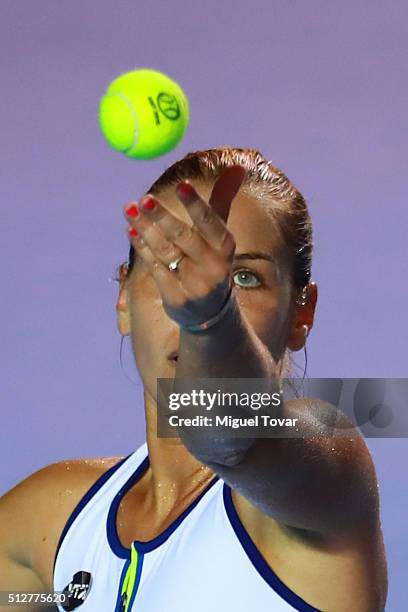 Dominika Cibulkova of Slovakia serves during the woman's final singles match between Dominika Cibulkova of Slovakia and Sloane Stephens of USA as...