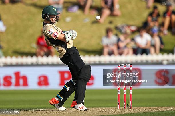 George Worker of North Island avoids a bouncer during the Island of Origin Twenty20 at Basin Reserve on February 28, 2016 in Wellington, New Zealand.