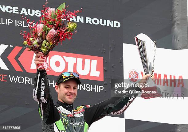 Jonathan Rea of Great Britain who rode the Kawasaki Racing Team Kawasaki celebrates winning race two of round one of the 2016 World Superbike...