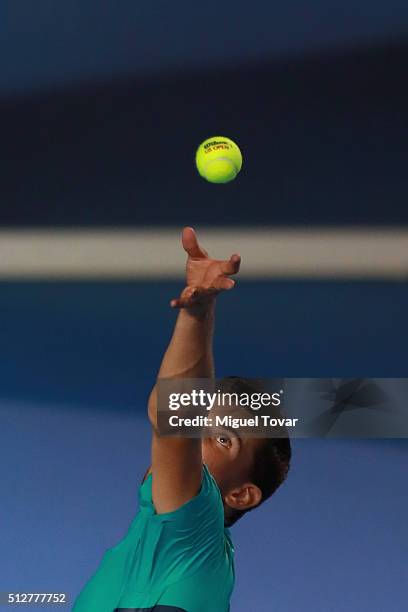 Dominic Thiem of Austria serves during the men's final singles match between Bernard Tomic of Australia and Dominic Thiem of Austria as part of...