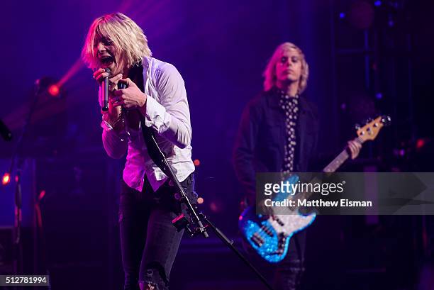 Ross Lynch and Riker Lynch of the band R5 perform live on stage for the "Sometime Last Night" Tour at the Beacon Theatre on February 27, 2016 in New...