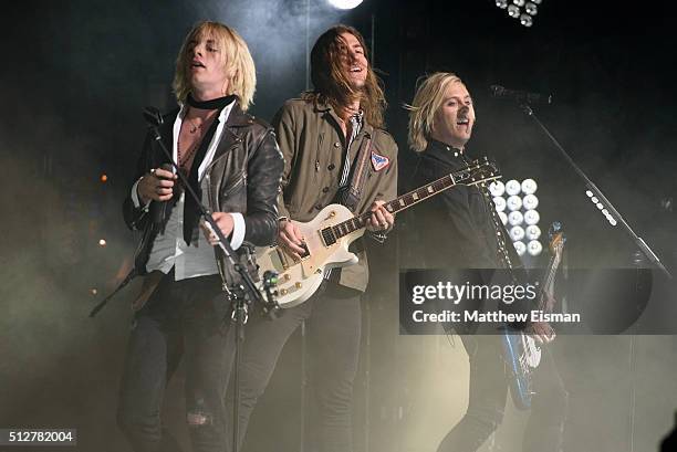 Ross Lynch, Rocky Lynch and Riker Lynch of the band R5 perform live on stage for the "Sometime Last Night" Tour at the Beacon Theatre on February 27,...