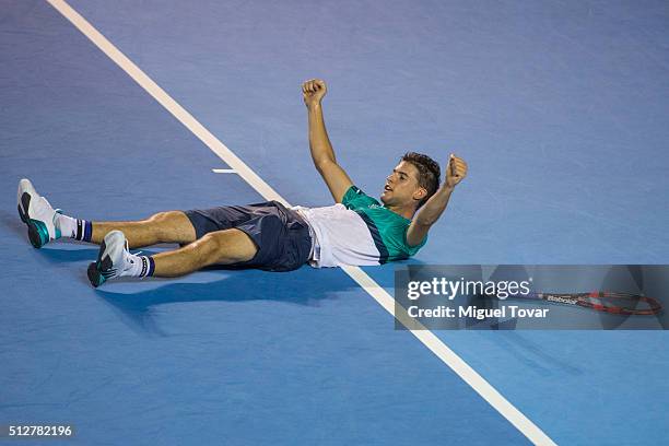 Dominic Thiem of Austria reacts after winning the men's final singles match between Bernard Tomic of Australia and Dominic Thiem of Austria as part...