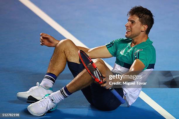 Dominic Thiem of Austria reacts after winning the men's final singles match between Bernard Tomic of Australia and Dominic Thiem of Austria as part...