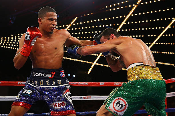 Felix Verdejo punches William Silva during the WBO Latino Champioship bout at Madison Square Garden on February 27, 2016 in New York City.