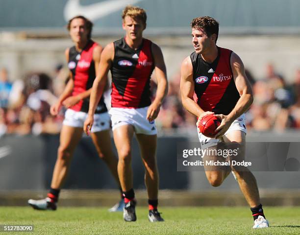 Jonathan Simpkin of the Bombers runs with the ball during the 2016 AFL NAB Challenge match between Carlton and Essendon at Ikon Park on February 28,...