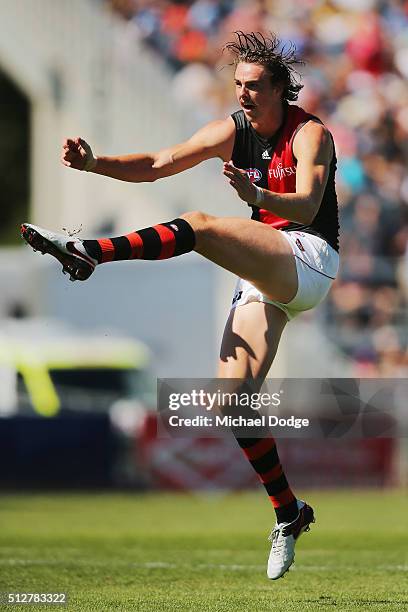 Joe Daniher of the Bombers kicks the ball for a goal during the 2016 AFL NAB Challenge match between Carlton and Essendon at Ikon Park on February...