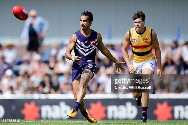 Danyle Pearce of the Dockers kicks the ball during the 2016 AFL NAB Challenge match between the Fremantle Dockers and the Adelaide Crows at Sounness...