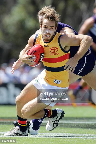 Richard Douglas of the Crows in action during the 2016 AFL NAB Challenge match between the Fremantle Dockers and the Adelaide Crows at Sounness Park...