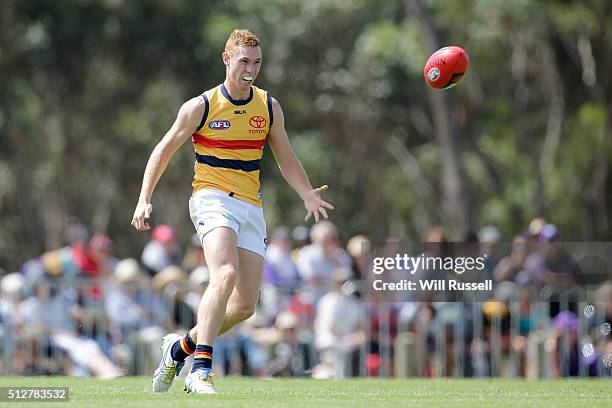 Tom Lynch of the Crows kicks the ball during the 2016 AFL NAB Challenge match between the Fremantle Dockers and the Adelaide Crows at Sounness Park...