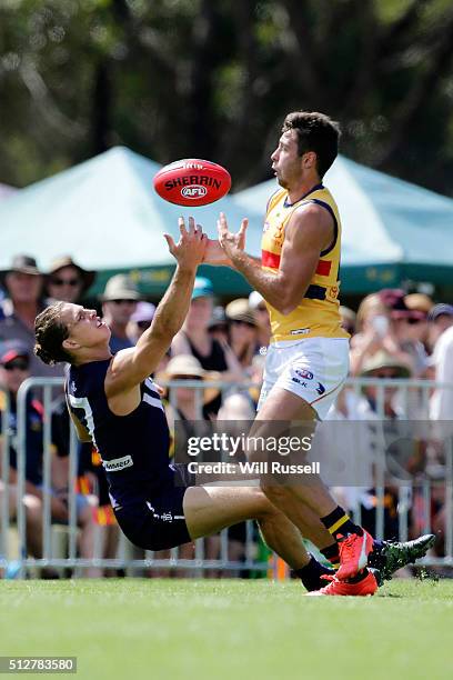 Nathan Fyfe of the Dockers and Rory Atkins of the Crows in action during the 2016 AFL NAB Challenge match between the Fremantle Dockers and the...