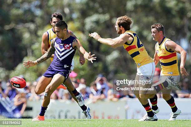 Michael Walters of the Dockers kicks the ball during the 2016 AFL NAB Challenge match between the Fremantle Dockers and the Adelaide Crows at...