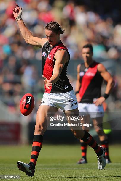 Joe Daniher of the Bombers kicks the ball for a goal during the 2016 AFL NAB Challenge match between Carlton and Essendon at Ikon Park on February...
