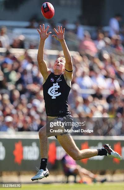 Harry McKay of the Blues marks the ball during the 2016 AFL NAB Challenge match between Carlton and Essendon at Ikon Park on February 28, 2016 in...