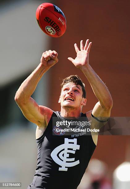 Andrejs Everitt of the Blues compete for the ball during the 2016 AFL NAB Challenge match between Carlton and Essendon at Ikon Park on February 28,...