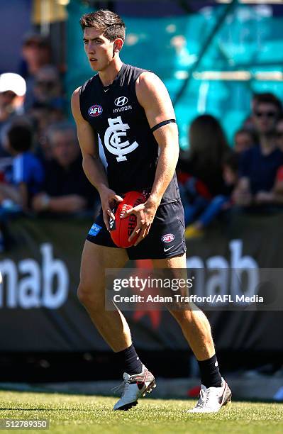 Jacob Weitering of the Blues in action during the 2016 NAB Challenge match between the Carlton Blues and the Essendon Bombers at Ikon Park, Melbourne...