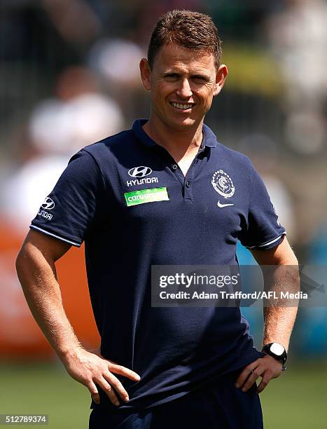 Brendon Bolton, Senior Coach of the Blues looks on during the 2016 NAB Challenge match between the Carlton Blues and the Essendon Bombers at Ikon...