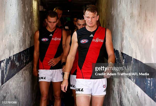 Brendon Goddard of the Bombers leads the team out after half time during the 2016 NAB Challenge match between the Carlton Blues and the Essendon...