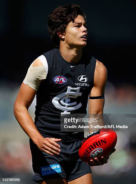 Jack Silvagni of the Blues in action during the 2016 NAB Challenge match between the Carlton Blues and the Essendon Bombers at Ikon Park, Melbourne...