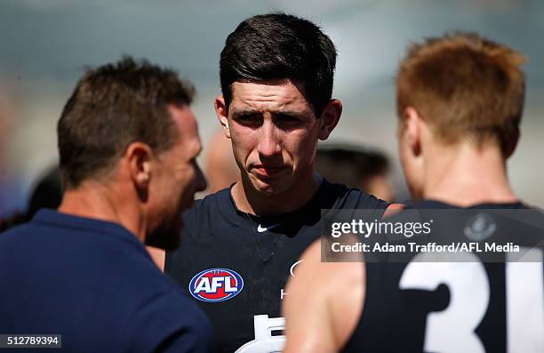 Jacob Weitering of the Blues looks on during the 2016 NAB Challenge match between the Carlton Blues and the Essendon Bombers at Ikon Park, Melbourne...