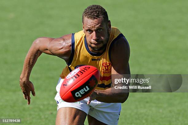 Cam Ellis-Yolmen of the Crows chases the ball during the 2016 AFL NAB Challenge match between the Fremantle Dockers and the Adelaide Crows at...