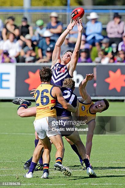 Jonathon Griffin of the Dockers contests the ruck during the 2016 AFL NAB Challenge match between the Fremantle Dockers and the Adelaide Crows at...