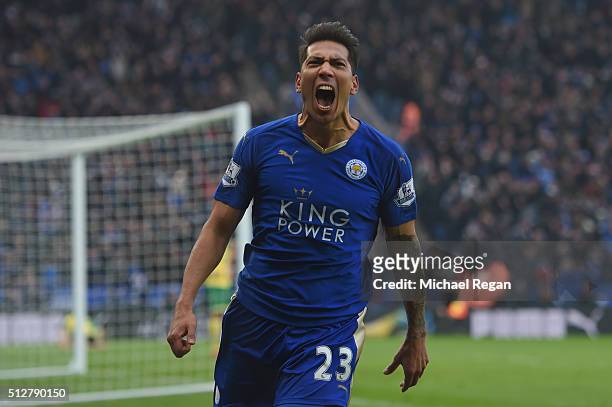 Leonardo Ulloa of Leicester City celebrates scoring his team's first goal during the Barclays Premier League match between Leicester City and Norwich...