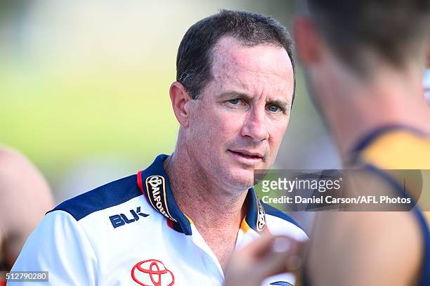 Don Pyke, coach of the Crows addresses the team at three quarter time during the 2016 NAB Challenge match between Fremantle Dockers and the Adelaide...