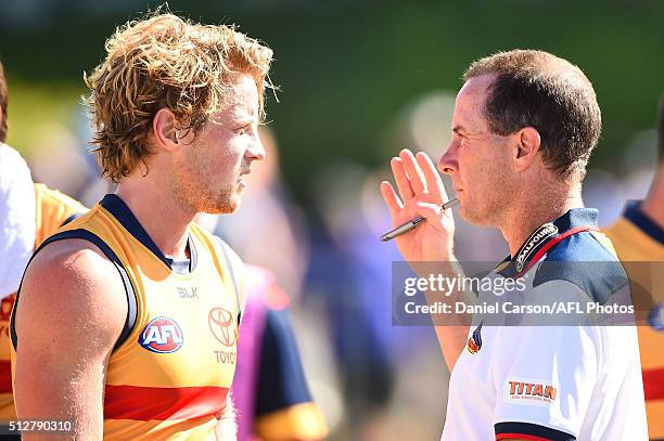 Don Pyke, coach of the Crows talks with Rory Sloane at three quarter time during the 2016 NAB Challenge match between Fremantle Dockers and the...