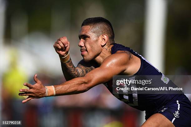 Michael Walters of the Dockers handballs during the 2016 NAB Challenge match between Fremantle Dockers and the Adelaide Crows at Sounness Park, Mount...