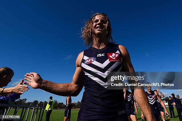 Nathan Fyfe of the Dockers leaves the arena after the win during the 2016 NAB Challenge match between Fremantle Dockers and the Adelaide Crows at...