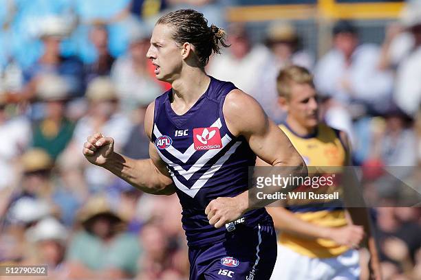 Nathan Fyfe of the Dockers celebrates after scoring a goal during the 2016 AFL NAB Challenge match between the Fremantle Dockers and the Adelaide...