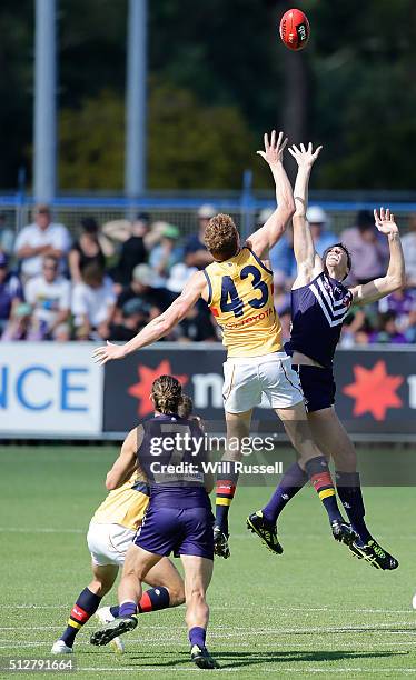 Reilly O'Brien of the Crows contests a ruck with Jonathon Griffin of the Dockers during the 2016 AFL NAB Challenge match between the Fremantle...