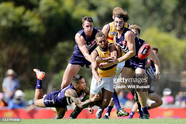 Cam Ellis-Yolmen of the Crows is tackled during the 2016 AFL NAB Challenge match between the Fremantle Dockers and the Adelaide Crows at Sounness...
