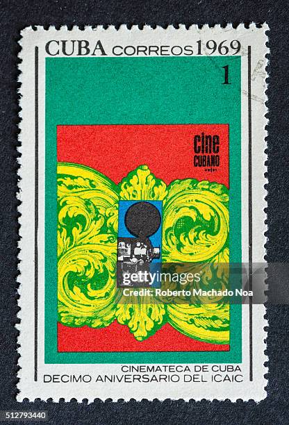 Cinematography archives initialized by the Revolution, stamp developed at 1969. It also commemorates the 10th anniversary of the ICAIC or Cuban...