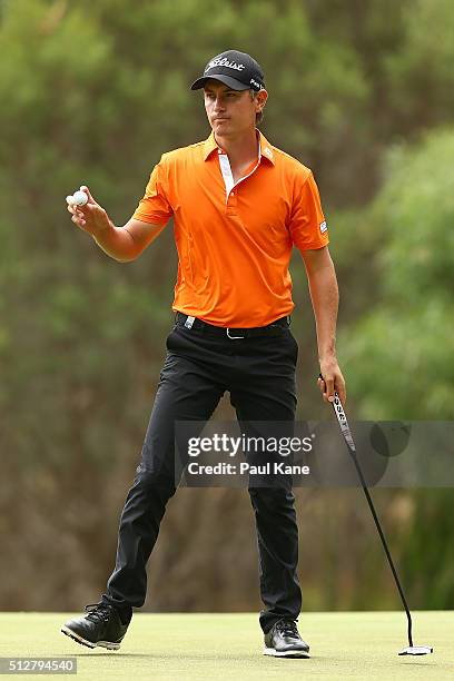 Jason Scrivener of Australia celebrates after a birdie on the 3rd hole during day four of the 2016 Perth International at Karrinyup GC on February...