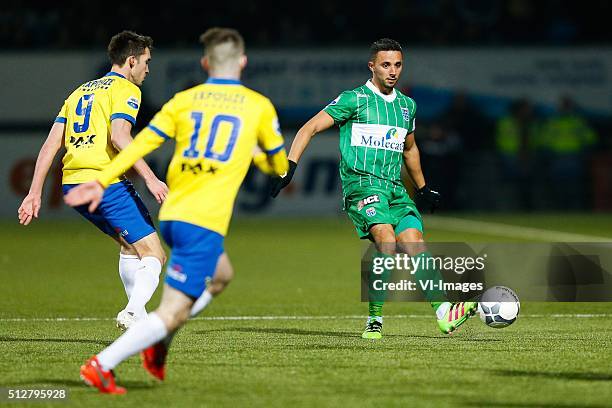 Martijn Barto of SC Cambuur, Jack Byrne of SC Cambuur, Ouasim Bouy of PEC Zwolle during the Dutch Eredivisie match between SC Cambuur Leeuwarden and...