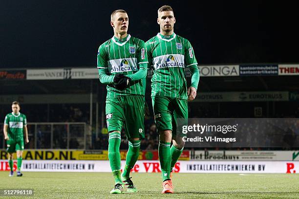 Wouter Marinus of PEC Zwolle, Thomas Lam of PEC Zwolle, Lars Veldwijk of PEC Zwolle during the Dutch Eredivisie match between SC Cambuur Leeuwarden...