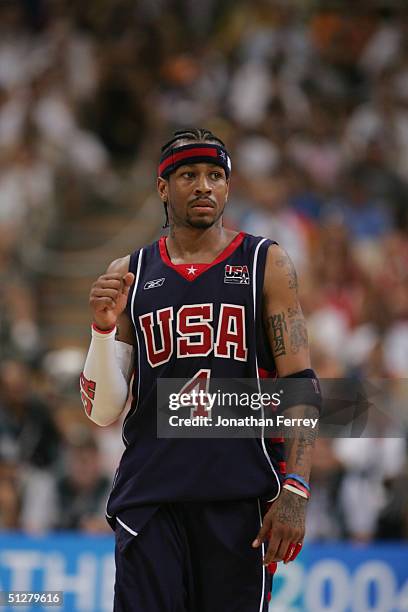 Allen Iverson of the USA is on the court in the men's basketball quarterfinal game against Spain on August 26, 2004 during the Athens 2004 Summer...