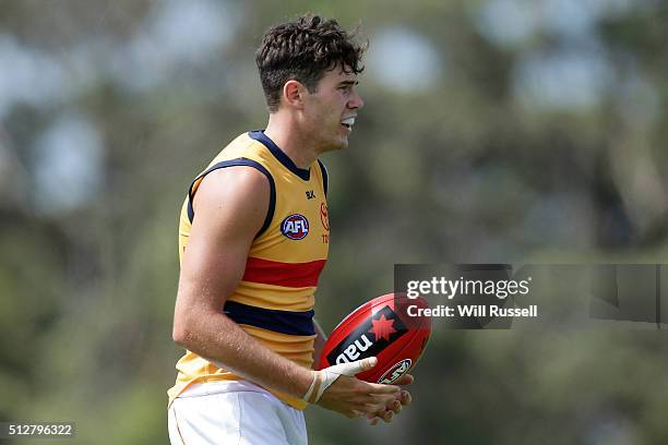 Mitch McGovern of the Crows prepare to shoot on goal during the 2016 AFL NAB Challenge match between the Fremantle Dockers and the Adelaide Crows at...