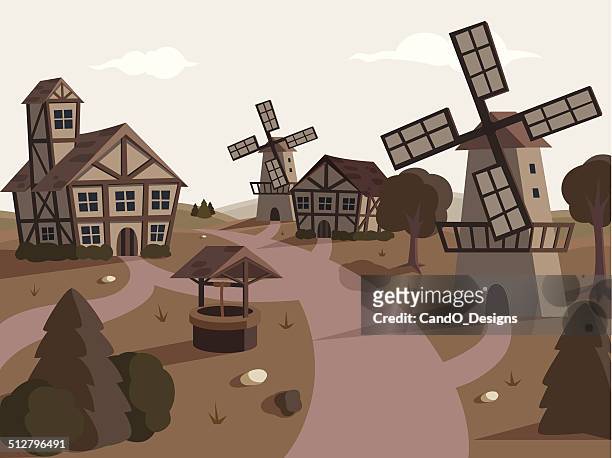 ilustraciones, imágenes clip art, dibujos animados e iconos de stock de pueblo medieval - molino de viento
