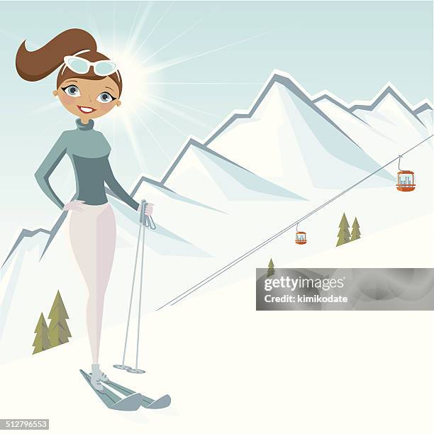 stockillustraties, clipart, cartoons en iconen met mountain skiing woman - blokhut