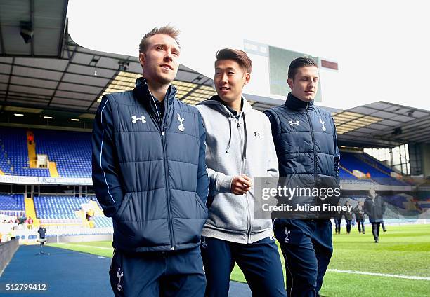 Christian Eriksen, Son Heung-Min and Kevin Wimmer of Tottenham Hotspur arrive for the Barclays Premier League match between Tottenham Hotspur and...