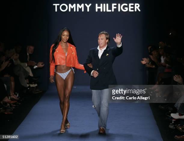 Model Naomi Campbell and designer Tommy Hilfiger walk down the runway at the Tommy Hilfiger show during Olympus Fashion Week Spring 2005 in Bryant...