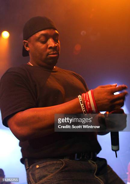 Public Enemy singer Chuck D performs at Maxim Magazine's Music Issue Party during Olympus Fashion Week Spring 2005 on September 9, 2004 at Crobar, in...