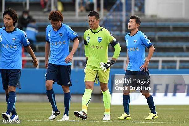 Kazuyoshi Miura of Yokohama FC looks dejected at the end of the J.League second division match between Yokohama FC and Kamatamare Sanuki at the...