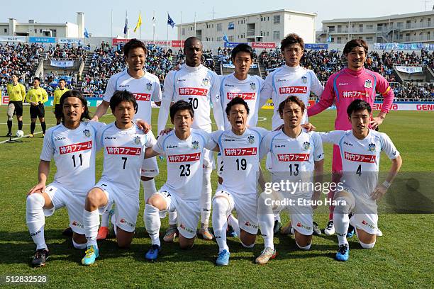 Players of Kamatamare Sanuki line up for team photos prior to the J.League second division match between Yokohama FC and Kamatamare Sanuki at the...